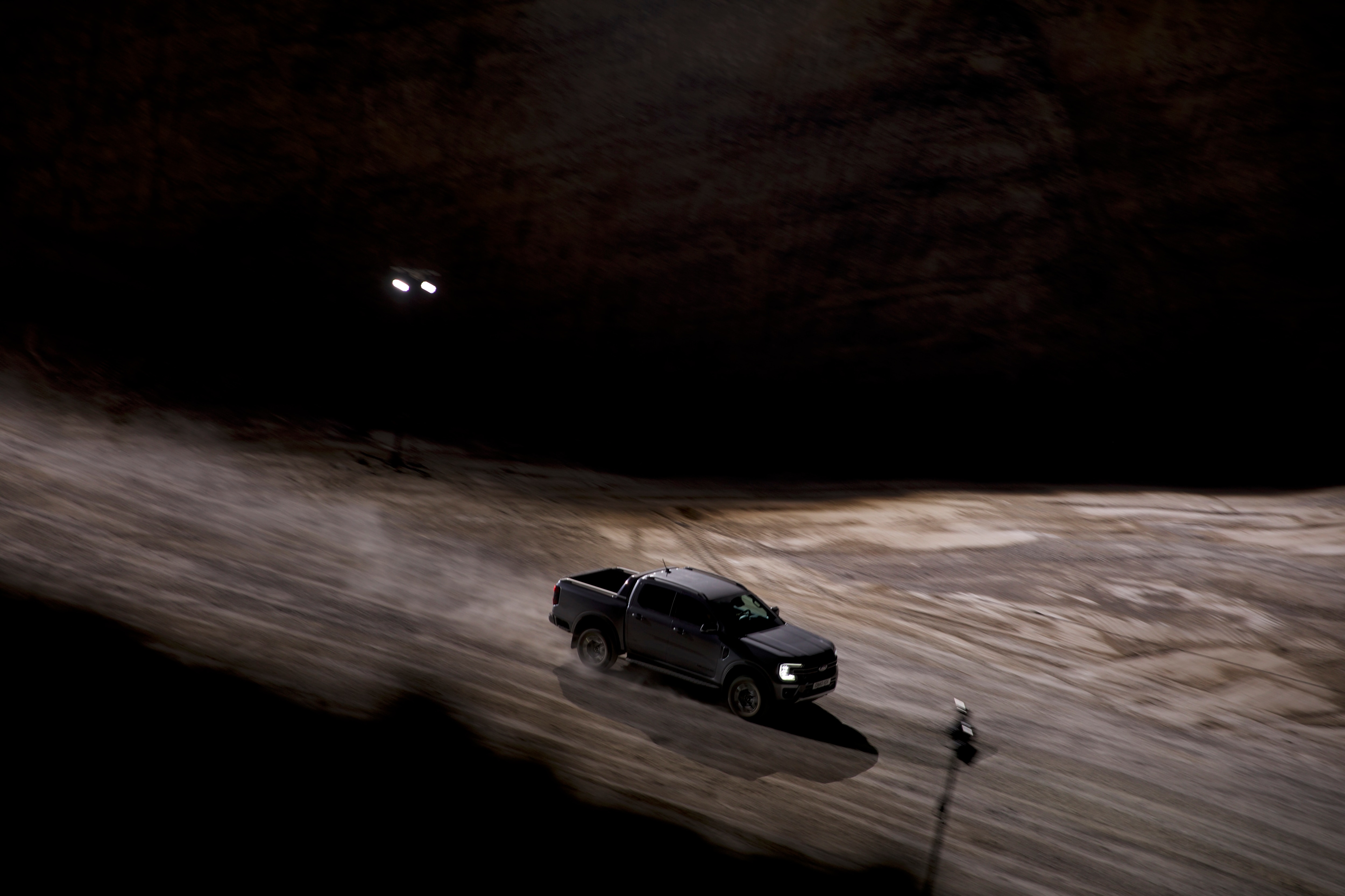 Ranger PHEV driving through the quarry where the snow rally was filmed